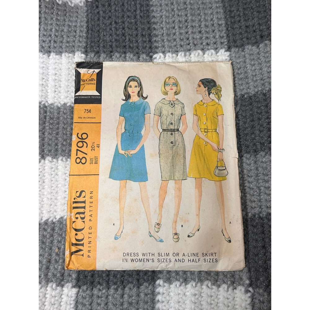 McCall's 8796 Sewing Pattern Dress 20.5 Vintage 1960s Mod A-Line Skirt Pre Cut